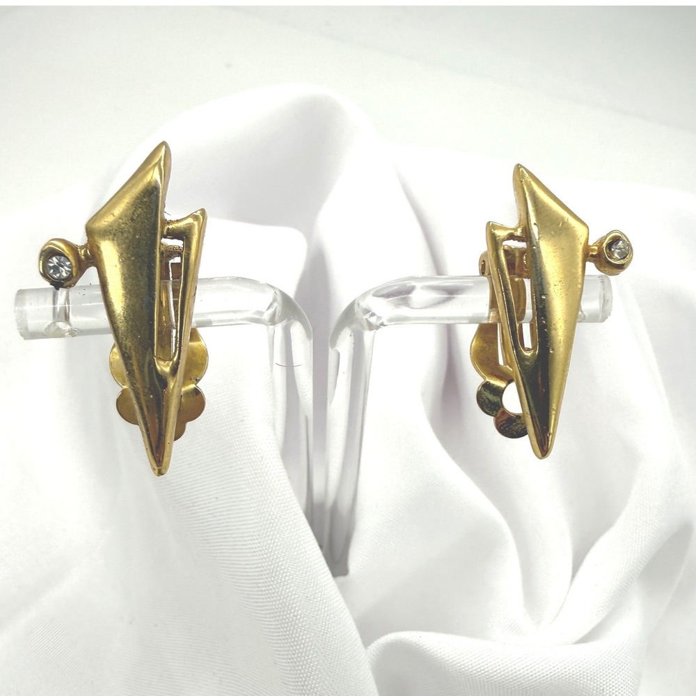 Vintage Gold Tone Geometric Shield Rhinestone Clip On Earrings Modernist 1980s